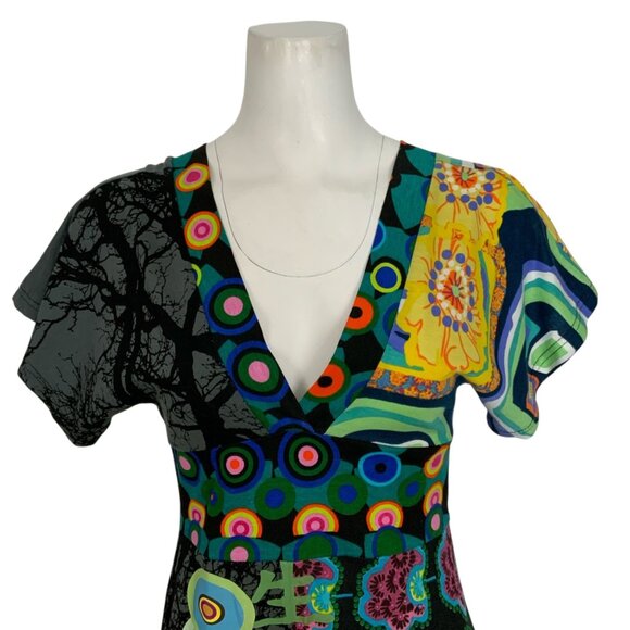 Desigual Dress S Colorful Embroidered Short Sleeve Tiered V-Neck Art To Wear - Picture 6 of 13